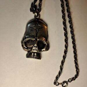 Brushed Silvertone Skull Pendant Necklace w/ Rope Chain